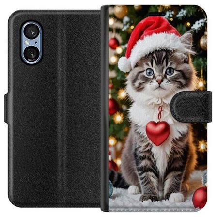 Kompatibelt Plånboksfodral till Sony Sony Xperia 5 V Söt jul-katt tomte-luva hjärta ornament gran festlig
