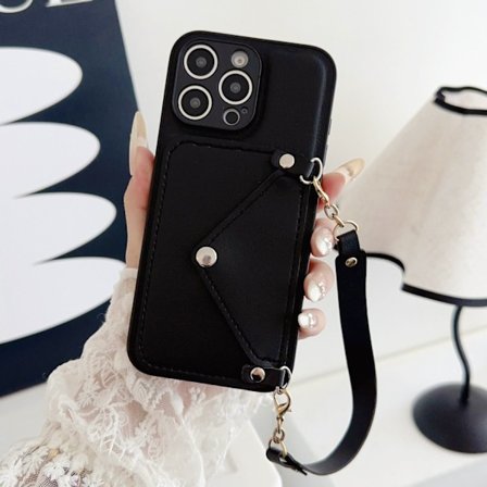 Fodral för iPhone 16 plus svart 2 i 1 Pebbled Enkel Handledsplånbok med Korthållare