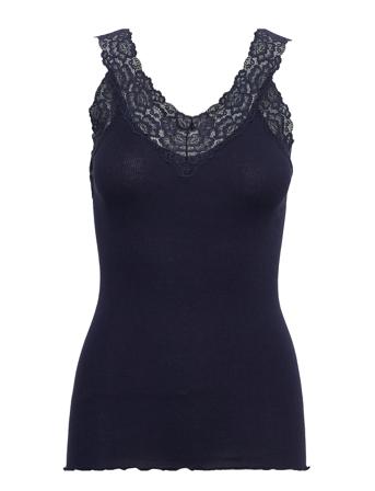 Organic Top V-Neck Regular W/Lace Top Ærmeløs Top Navy Rosemunde