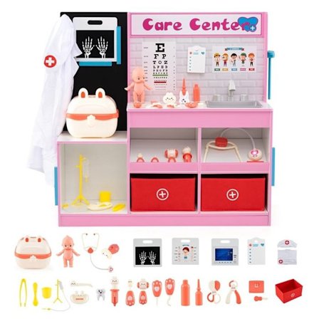 Lääkäri COSTWAY leikkisetit - 29 lisävarustetta, opettavainen lelu 3-6-vuotiaille lapsille, vaaleanpunainen