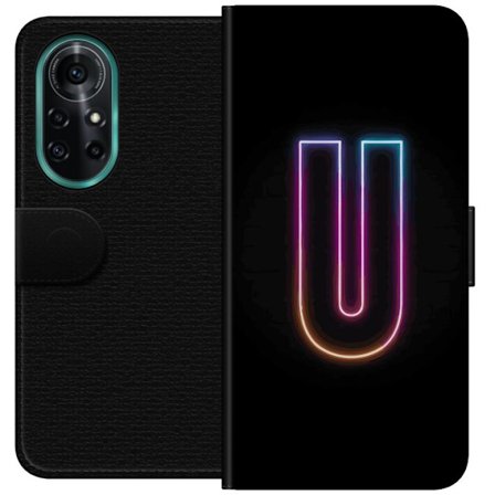 Yhteensopiva Lompakkokotelo Huawei Huawei nova 8 Pro Minimaalinen neonkirjain U kirkkaalla valaistustehosteella mustaa taustaa vasten