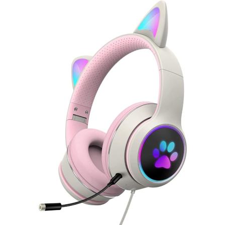 LED-upplysta hörlurar med mikrofon hopfällbara söta kattöron spelheadset wit dusty pink