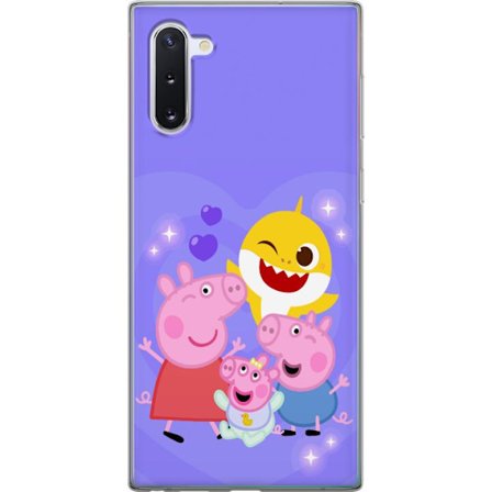 Kompatibelt Mobildeksel til Samsung Galaxy Note10 Peppa Gris mønster med hjerter, sommerfugler og venner, lys rosa bakgrunn i myke barneillustrasjone