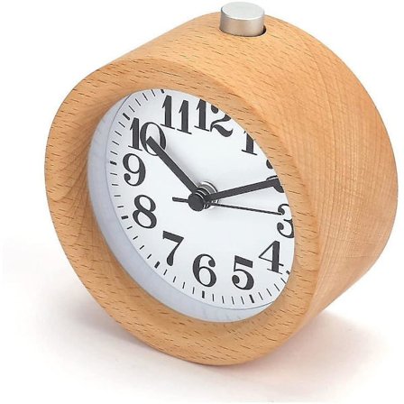 Wekity Analog Klokka i Tre, Retro Bordklokke i Rund Form Dempe Snooze Vekkerklokke Med Nattlys (FMY)