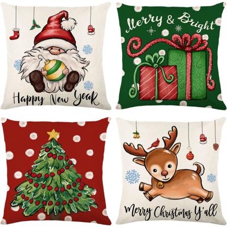 Juleputetrekk 18 * 18 tommer Lin Putavar Santa Claus Elg Juletre rød Grønn Vinterferie Hjem Sofa Soverom Sett med 4(JYM204)