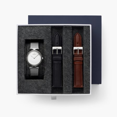 Nordgreen - Designer Uhr für Damen in Silber - Unika - SET Poliertes Edelstahl Ziffernblatt Silber | Armbänder Mesh / Schwarz / Braun