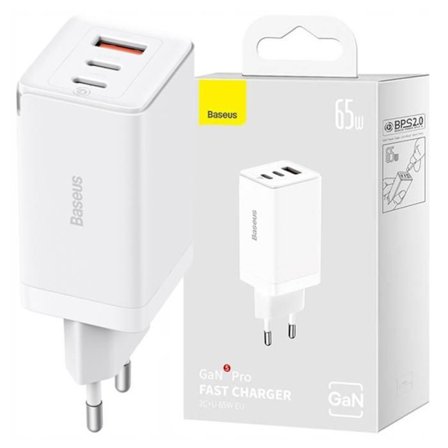 Laddare - BASEUS - GaN5 Pro - 2xUSB-C + USB - 65W - Vit