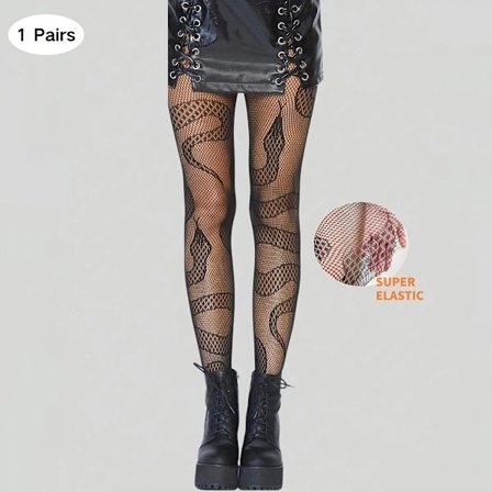 Gothic Tights för Dam i Stora Storlekar, Plus Size Orm Jacquard Utskurna Nätstrumpbyxor - Perfekta för Hösten Svart One-size