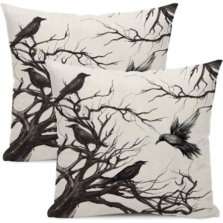 2-pakning Halloween Putetrekk 45×45 cm – Svart og hvit med Ravn og Grenmotiv – Putetrekk i Linblanding – For Sofa & Seng – Uten Innerpute