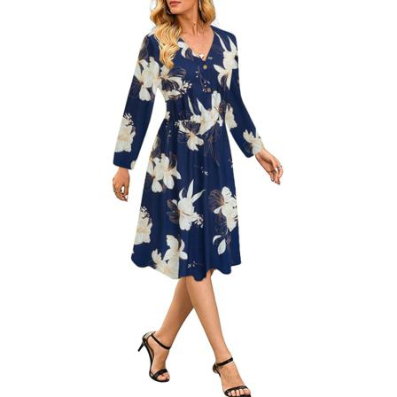 Klänning Blommönster Höst Dam Långärmad Midi Large Storlek E