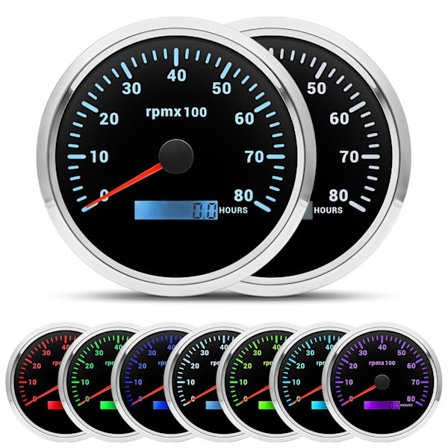2025 Siste Modell 110mm 4-3/8" Turteller 8000 RPM Båt RPM Måler 7 Farger Marine Stor Turteller for Bil AUTO Lastebil 9-32V (Svart og Sølv)