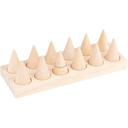 12 st träkonforma ringhållare med displaybricka, finger ringar konorganisatör ringtorn ring smyckesdisplay stativ trä skyltfönster för ringar 