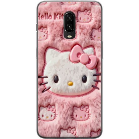 Yhteensopiva Puhelinkuori OnePlus 6T Hello Kitty vaaleanpunainen pörröinen tausta, jossa on ikoninen kasvot ja kawaii-esteettisyys