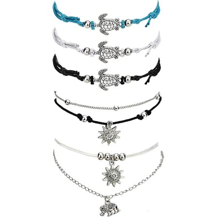 5 stk. Strandarmbånd med skilpadde, Boho, håndlaget, justerbart strandarmbånd, lagdelt tau-ankelkjede for kvinner