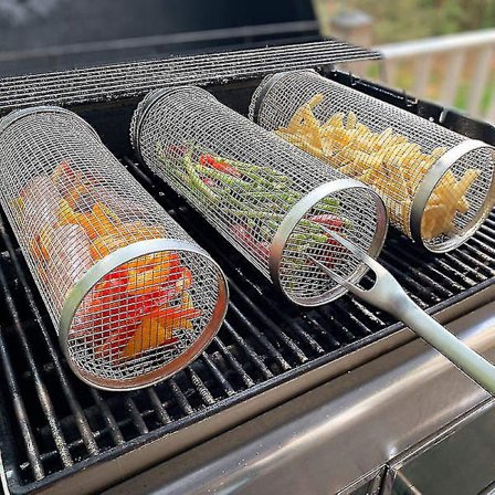 BBQ-bur Grill i rostfritt stål Cylindrisk BBQ-nät BBQ-korg Utomhus BBQ-nät BBQ-korg Rullande BBQ-bur