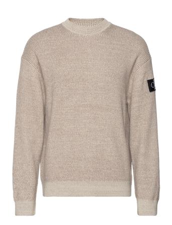 Badge Plated Crew Neck Sweater Neulepaita Pyöreä Kaula-aukko Beige Calvin Klein Jeans