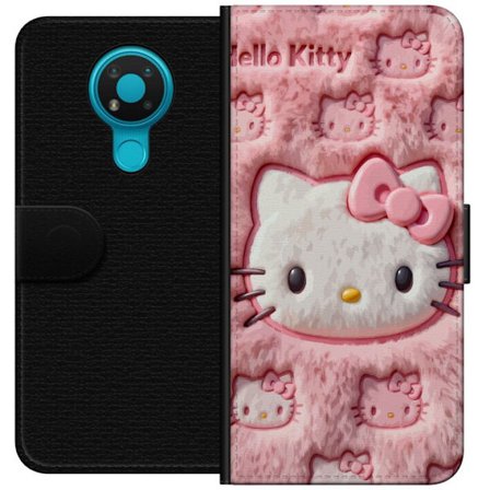 Kompatibelt Lommeboketui til Nokia 3.4 Hello Kitty rosa fluffy bakgrunn med ikoniskt ansikt og kawaii-estetikk