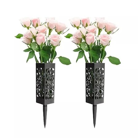2 st Gravvase med Spikar, Blomhållare för Gravsten, Memorial Vase Svart Gravmarkering Blomhållare för Utomhus Gravsättning Trädgård Gräsmatta 
