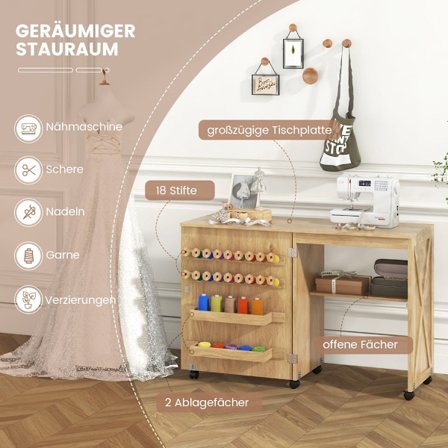 Sammenklappeligt sy- og hobbybord med opbevaringshylder