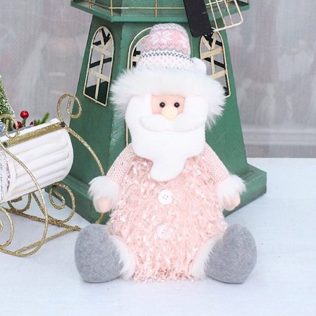 Julkulor med rosa paljetter, docka, present, dekoration