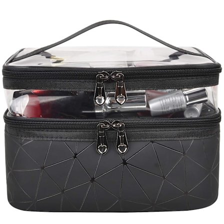 Necessär Dobbeltlags Kosmetiktaske Transparent Stor Rejse Makeuptaske Organizer Toilet Taske til Mænd & Kvinder Premium Kvalitet Toilet Taske, Sort