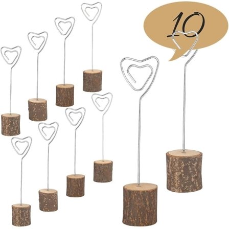 10 Bordkort Holdere med Træ Foto Holdere, Fodstøtter, Memo Kort, Hjerte Clips, Nummer Holdere, Bordmenuer, Buffet Gæstenavnemærker til Bryllup