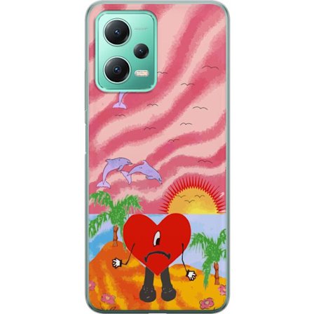 Kompatibelt Mobildeksel til Xiaomi Redmi Note 12 Bad Bunny i en fargerik quiltet jakke med hjertemønster og solbriller i moderne gatestil