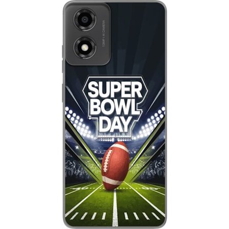 Kompatibelt Mobildeksel til Motorola Moto E14 Super Bowl Day plakat med amerikansk fotball på opplyst arena i dramatisk sportsdesign