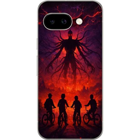 Kompatibelt Mobilskal till Google Google Pixel 9a Mörk fantasyillustration inspirerad av Stranger Things med övernaturlig varelse, blixtar och cykla