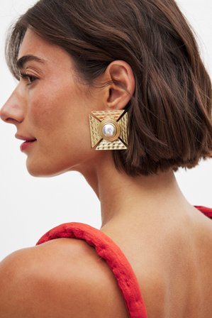 NA-KD Squared Pearl Earrings - Smykker - Guld - One Size