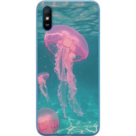 Kompatibelt Mobildeksel til Xiaomi Redmi 9AT Rosa maneter i turkis hav mykt havdesign med en fredelig følelse av frihet og skjønnheten i naturen under