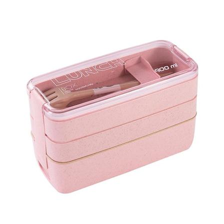 Bærbar Bento-boks, 3-lags lunsjboks, 900 ml hvetestrå middagstallerken matbeholder rosa