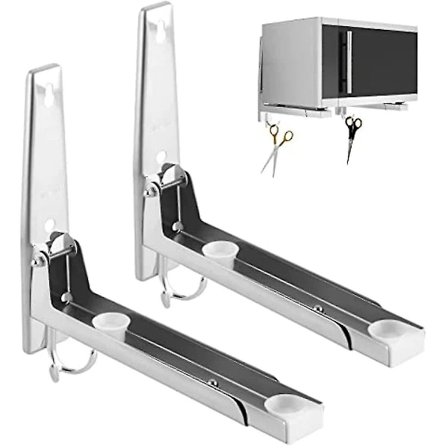 Väggmonterat Mikrovågsugnsställ i Rostfritt Stål med Krokar och Teleskoparmar för Mikrovågsugn, Vikbart Mikrovågsugnsställ för Mi