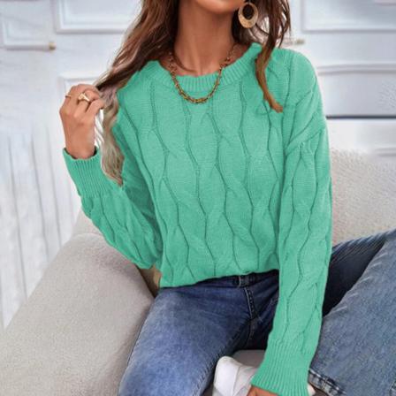 Damer Enfärgad Ribbad Fåll Pullover Crew Neck Stickad Tröja