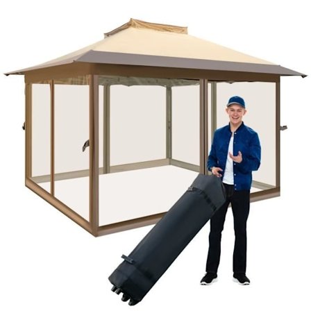 COSTWAY Instant Gazebo 3,6x3,6 m - Meshväggar på 4 sidor - 3 höjder - Bärväska på hjul - Ventilerad topp