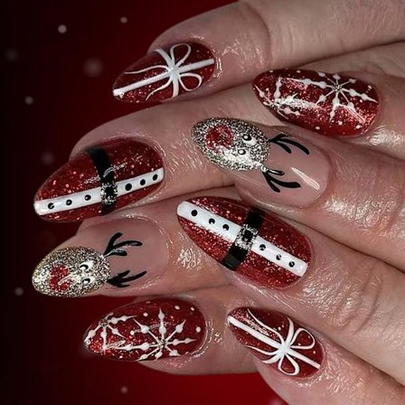 24-pack Jul Press-on Naglar Santa Renar Glitterdesign ABS Bygg