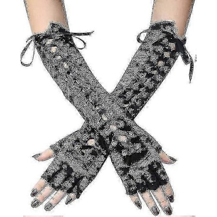 Steampunk Nyörityksellä Varustetut Sormettomat Käsineet Säädettävät Pitkät Käsineet Ilta-juhliin (1 Pari, Musta)