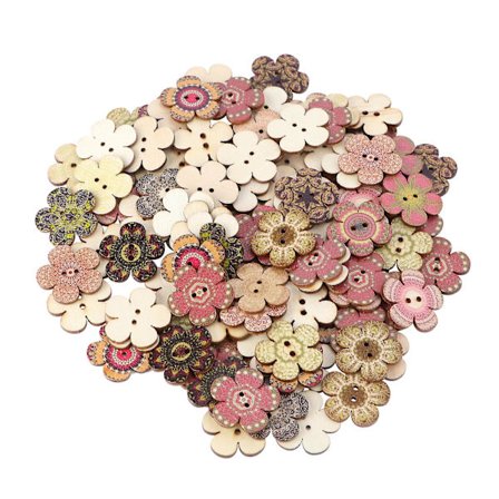 100 tre knapper i tre, DIY blomsterformede knapper, malte knapper (2X2 cm, farge)