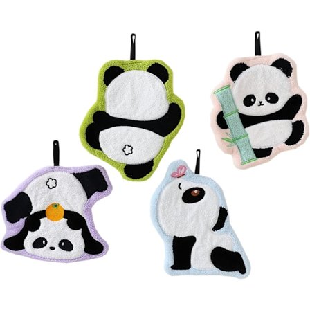 Sød Panda Håndklæde Sæt med 4 Bløde Absorberende Sjove Dekorative Mikrofiber Koralsamt Hængende Vaskelapper til Badeværelse (Multi)