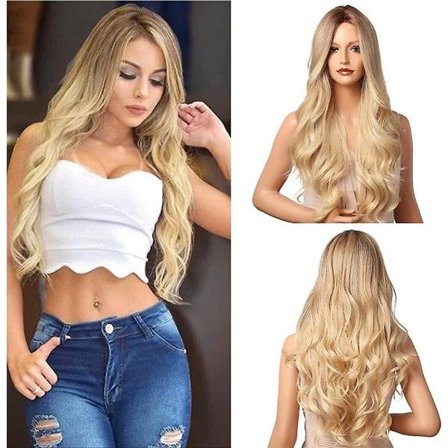 TG Blond parykk for Heilwiy kvinner. Lang krøllete bølgete blond parykk foran