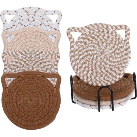 Katteøre Glasbrikker Sæt med 4 med Holder, Skridsikre Absorberende Drikke Glasbrikker til Sofabord Indretning, Sødt Køkkentilbehør, Indflyttergave