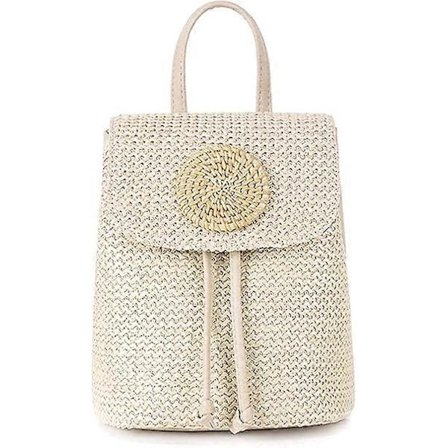 【PP】 Dam Ryggsäck i Vävd Halm Handväska Casual Ryggsäck Rotting Ryggsäck Flik Axelväska Vävd Ryggsäck för Resor (Beige)