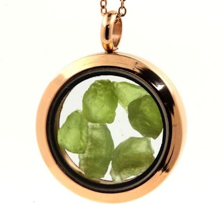 Kivet ja mineraalit. Raw Peridot kaulakoru. Mitali malli 30 mm. Väri Rose kulta.