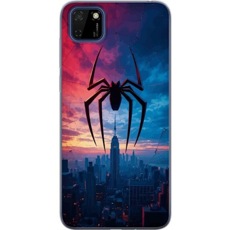 Kompatibelt Mobildeksel til Huawei Huawei Y5p Stilisert edderkopp over bysilhuett i dramatisk solnedgang, grafisk fantasyillustrasjon med sterke farge
