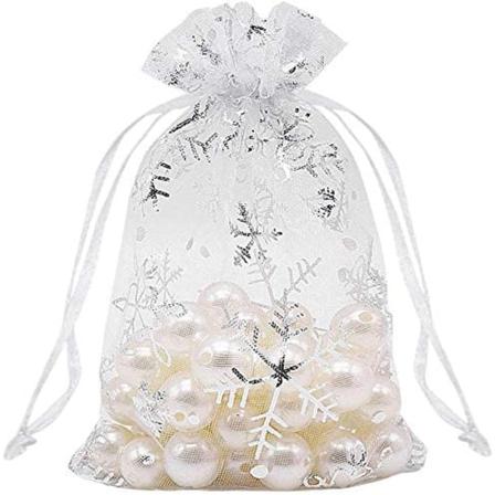 100 St Snowflake Organza Presentpåse Med Dragring Vita Smycken