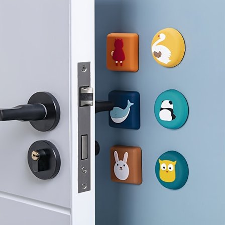 6 stk. Dørstopper med tegneseriefigurer, veggbeskytter for dørhåndtak, søte fargerike selvklebende puter for å forhindre veggskader, dekor og 