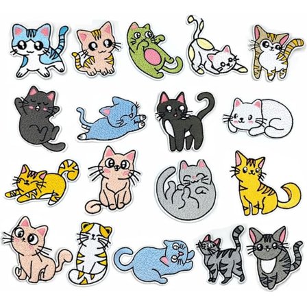 18 stk. Kat Strygemærker, Broderi Applikationsmærker til DIY Jeansjakker, Tøj, Taske, Kasketter (Kat)