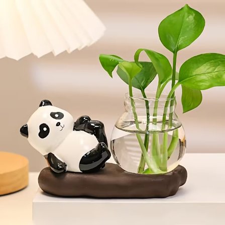 Panda-formet hydroponisk ornament, velegnet som skrivebordsdekoration.