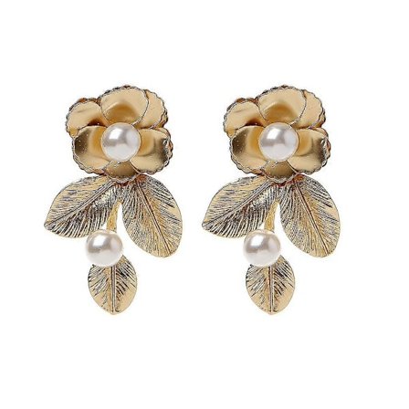 Smykkedekoration Elegante Barok Perle Blad Blomst Royale Øreringe Luksus Guldtone Øreringe Bryllup Brude Ørestikker