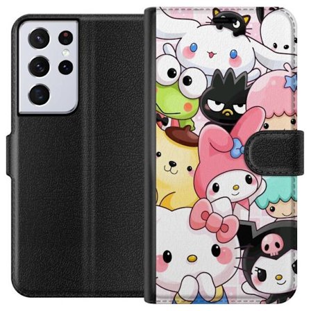 Kompatibelt Lommeboketui til Samsung Galaxy S21 Ultra 5G Tett mønster av søte figurer med store øyne i ulike farger og uttrykk med LABUBU-tekst